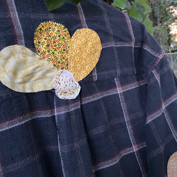 Flannel Shacket Medium Recycle Frayed Grunge Boho Hippie Patch Fall Shirt Jacket - Picture 6 of 8